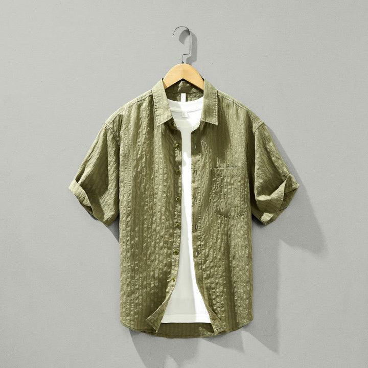 Koszula męska z krótkim rękawem Tencel z guzikami i solidnym oddychającym materiałem Buddha Stones Summer - Ciemny Khaki - US/UK/AU42， EU52 (3XL) - image 0