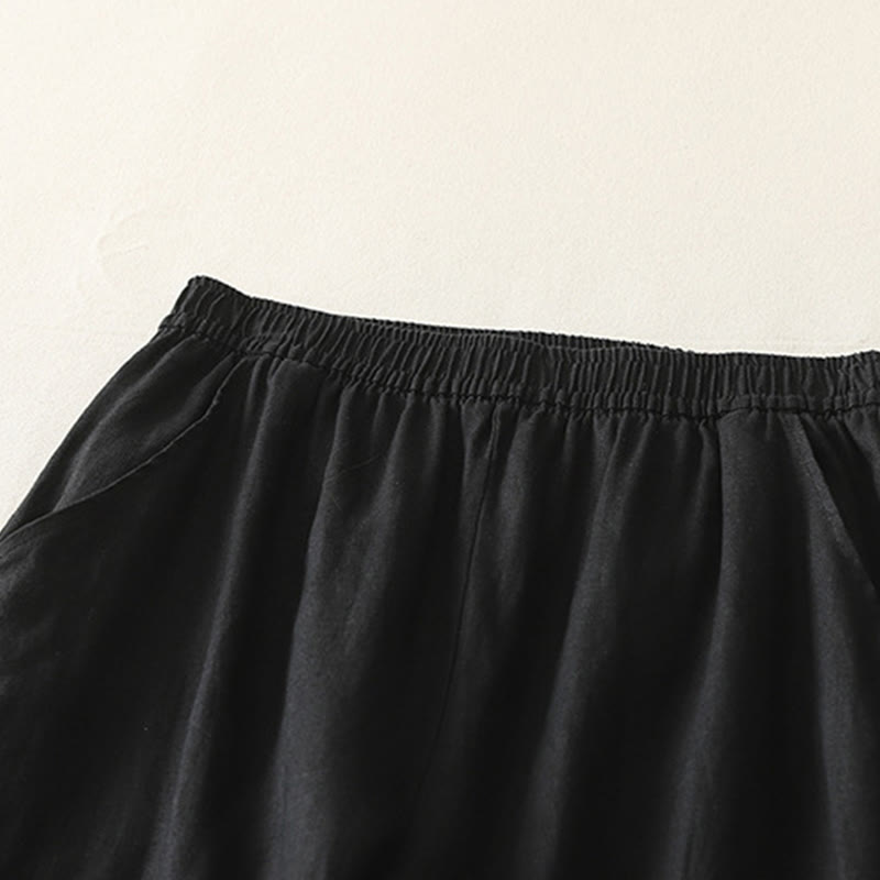 Buddha Stones Letnie Codzienne Jednokolorowe Elastyczne Spodnie Damskie Szerokie Nogawki Spodnie Z Lnianej Bawełny Z Kieszeniami - image 23