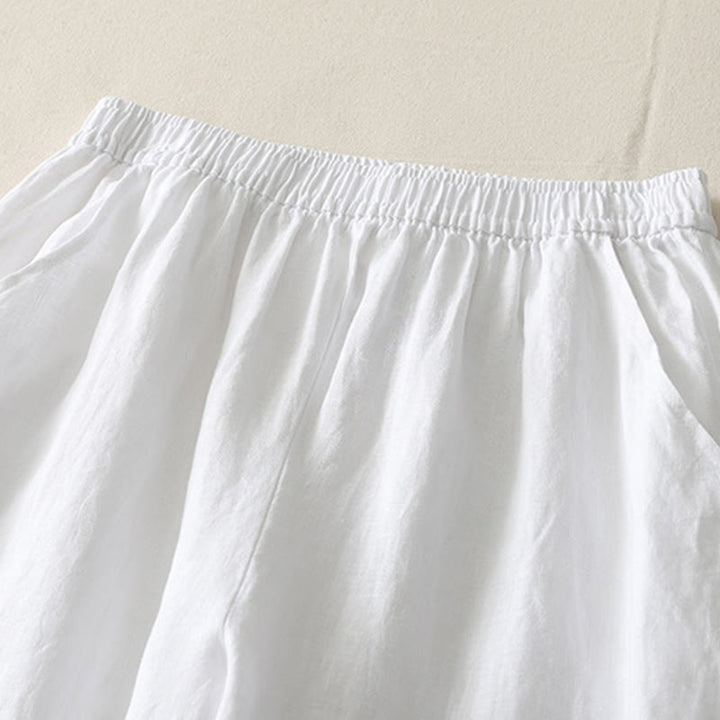 Buddha Stones Letnie Codzienne Jednokolorowe Elastyczne Spodnie Damskie Szerokie Nogawki Spodnie Z Lnianej Bawełny Z Kieszeniami - image 15