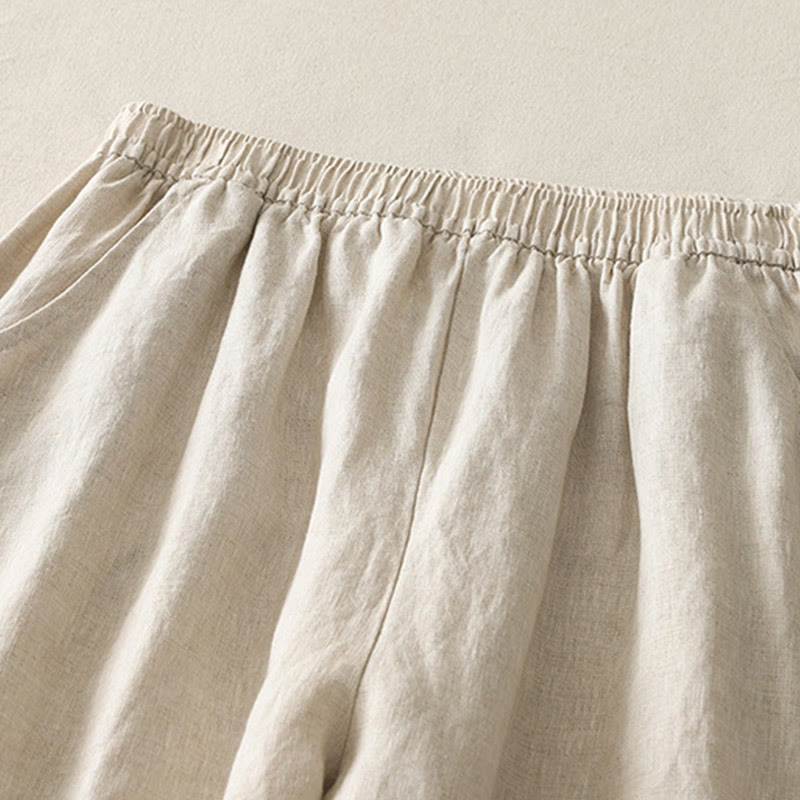 Buddha Stones Letnie Codzienne Jednokolorowe Elastyczne Spodnie Damskie Szerokie Nogawki Spodnie Z Lnianej Bawełny Z Kieszeniami - image 2