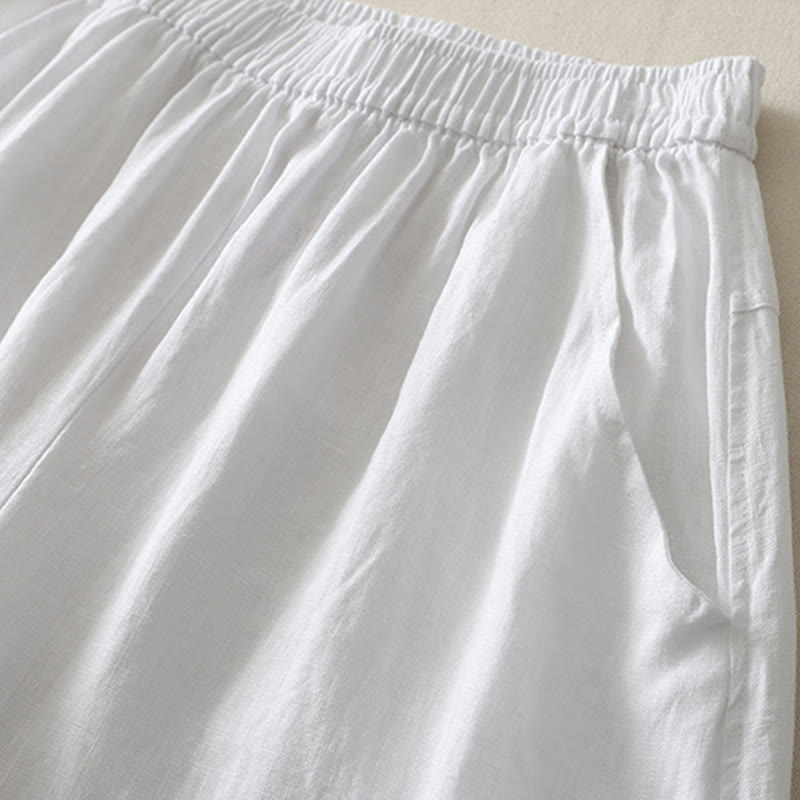 Buddha Stones Letnie Codzienne Jednokolorowe Elastyczne Spodnie Damskie Szerokie Nogawki Spodnie Z Lnianej Bawełny Z Kieszeniami - image 14