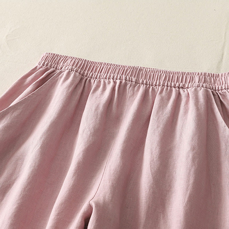 Buddha Stones Letnie Codzienne Jednokolorowe Elastyczne Spodnie Damskie Szerokie Nogawki Spodnie Z Lnianej Bawełny Z Kieszeniami - image 10