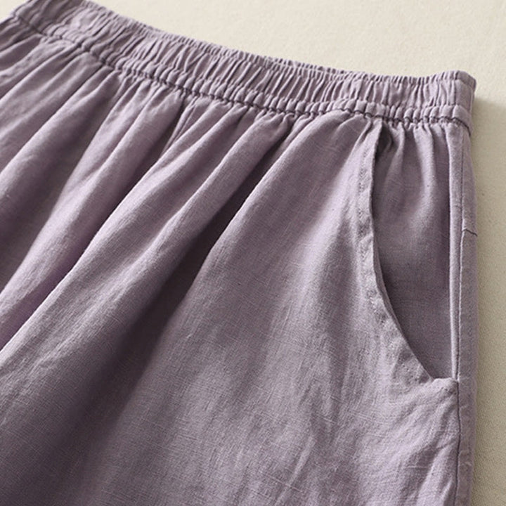 Buddha Stones Letnie Codzienne Jednokolorowe Elastyczne Spodnie Damskie Szerokie Nogawki Spodnie Z Lnianej Bawełny Z Kieszeniami - image 5