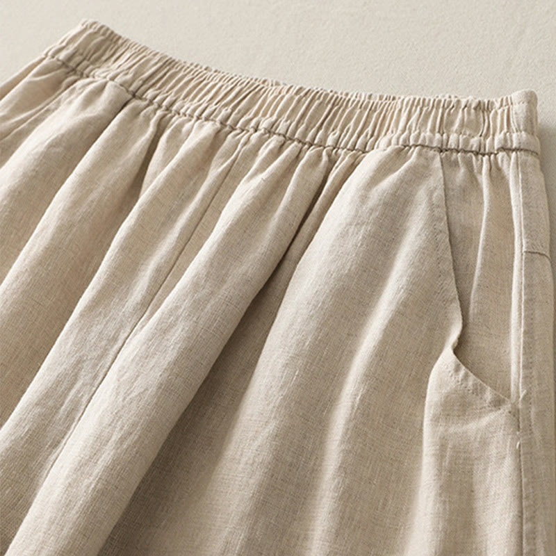 Buddha Stones Letnie Codzienne Jednokolorowe Elastyczne Spodnie Damskie Szerokie Nogawki Spodnie Z Lnianej Bawełny Z Kieszeniami - image 1