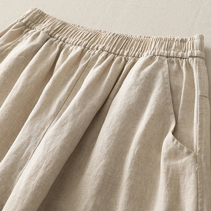 Buddha Stones Letnie Codzienne Jednokolorowe Elastyczne Spodnie Damskie Szerokie Nogawki Spodnie Z Lnianej Bawełny Z Kieszeniami - image 1