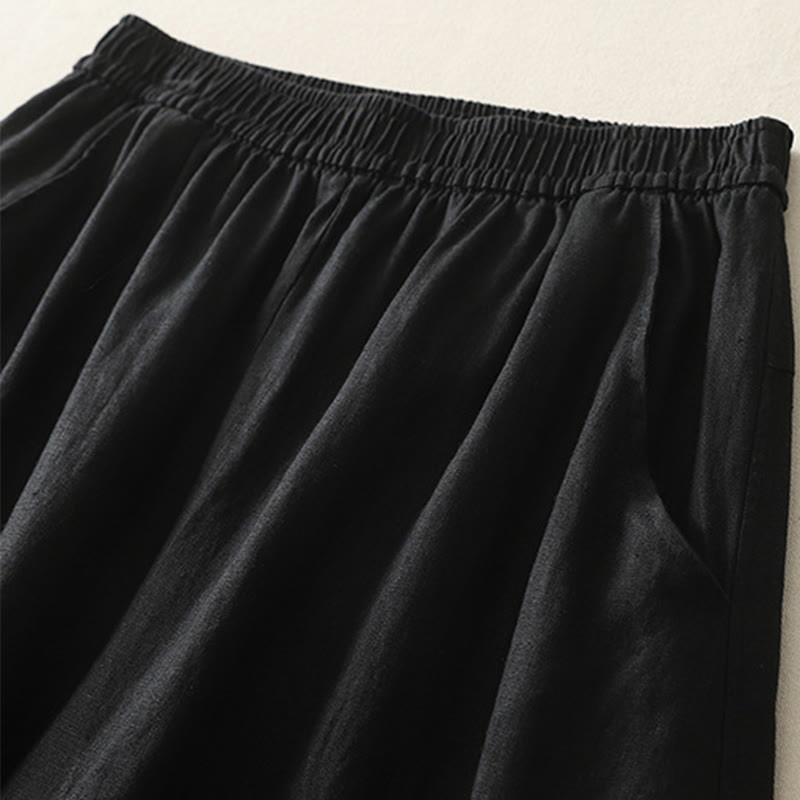 Buddha Stones Letnie Codzienne Jednokolorowe Elastyczne Spodnie Damskie Szerokie Nogawki Spodnie Z Lnianej Bawełny Z Kieszeniami - image 24