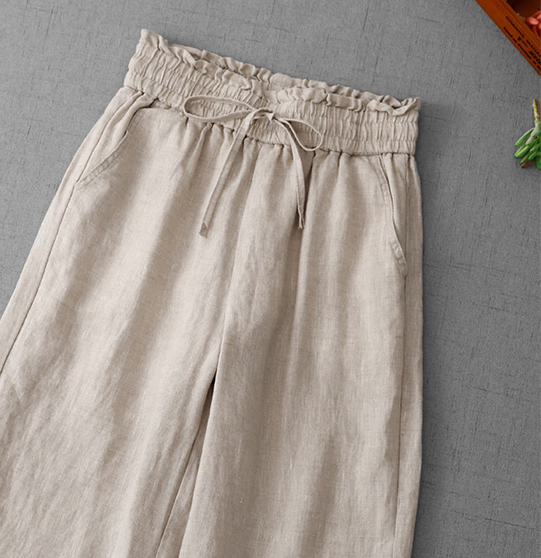 Buddha Stones, swobodne, wysokie, marszczone, ściągane sznurkiem, damskie, szerokie, bawełniane spodnie z kieszeniami - image 2