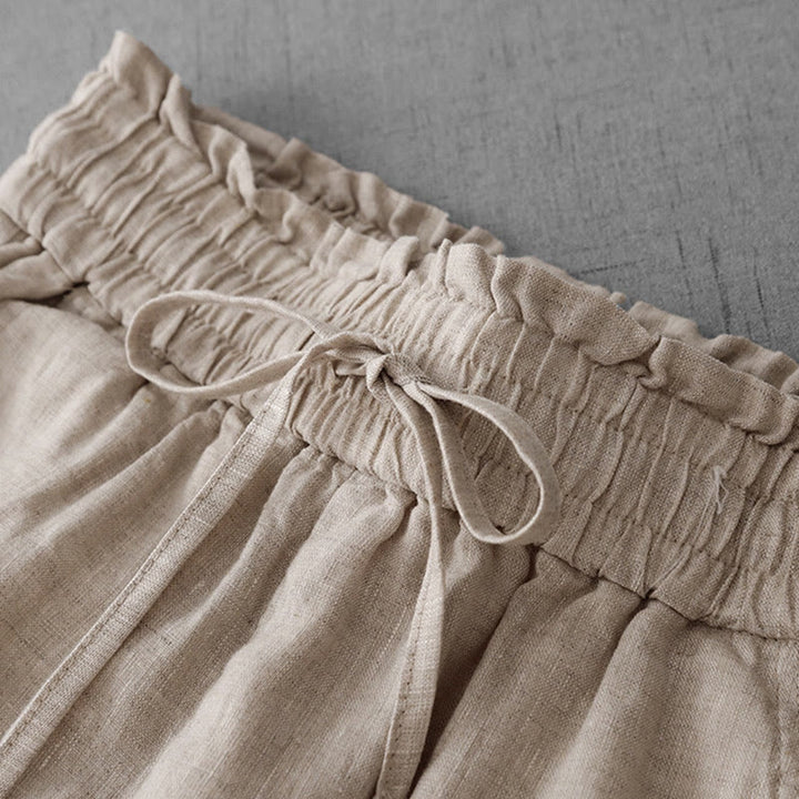 Buddha Stones, swobodne, wysokie, marszczone, ściągane sznurkiem, damskie, szerokie, bawełniane spodnie z kieszeniami - image 3