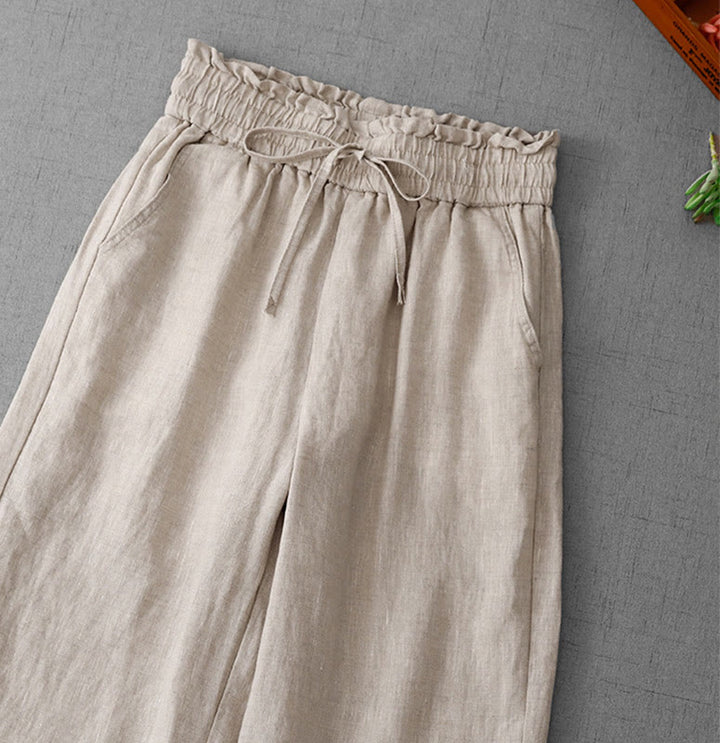 Buddha Stones, swobodne, wysokie, marszczone, ściągane sznurkiem, damskie, szerokie, bawełniane spodnie z kieszeniami - image 2