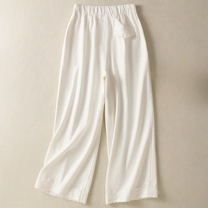 Buddha Stones Casual Koronkowe Patchworkowe Wzory Wysoki Stan Damskie Szerokie Nogawki Do Kostki Spodnie Z Kieszeniami Zamek Błyskawiczny - image 1