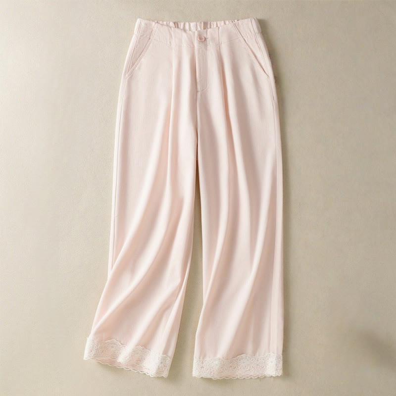 Buddha Stones Casual Koronkowe Patchworkowe Wzory Wysoki Stan Damskie Szerokie Nogawki Do Kostki Spodnie Z Kieszeniami Zamek Błyskawiczny - MistyRose - US8-10，UK/AU12-14，EU40-42 (2XL) - image 7