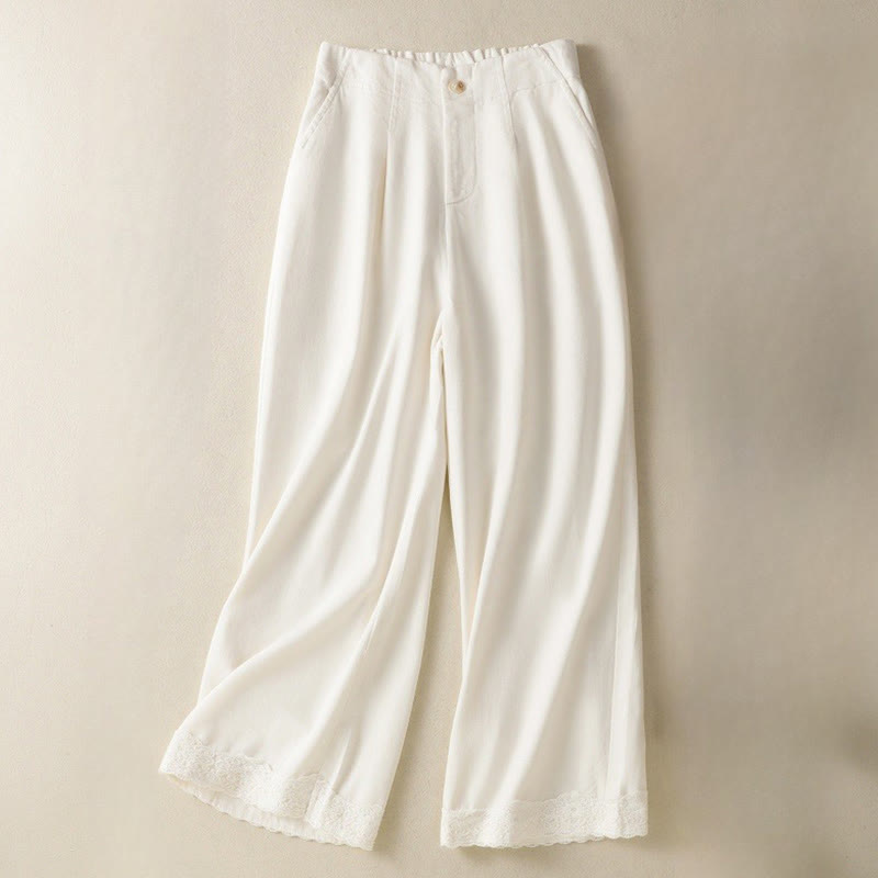 Buddha Stones Casual Koronkowe Patchworkowe Wzory Wysoki Stan Damskie Szerokie Nogawki Do Kostki Spodnie Z Kieszeniami Zamek Błyskawiczny - OldLace - US8-10，UK/AU12-14，EU40-42 (2XL) - image 0