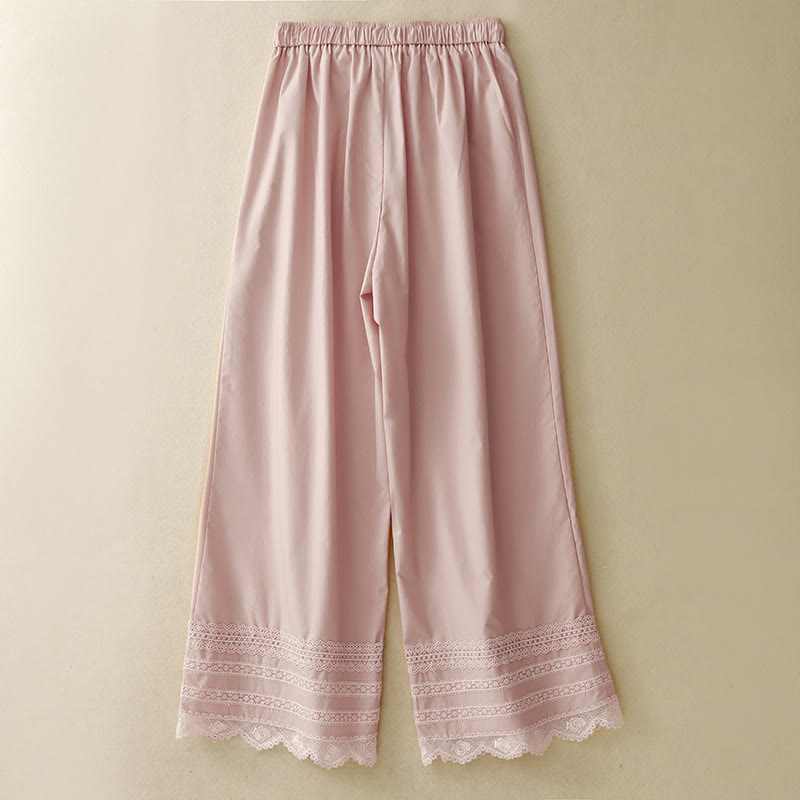 Spodnie damskie Buddha Stones Commute Plain Lace Patchwork Drawstring Design z szerokimi nogawkami i bawełnianymi kieszeniami do kostek