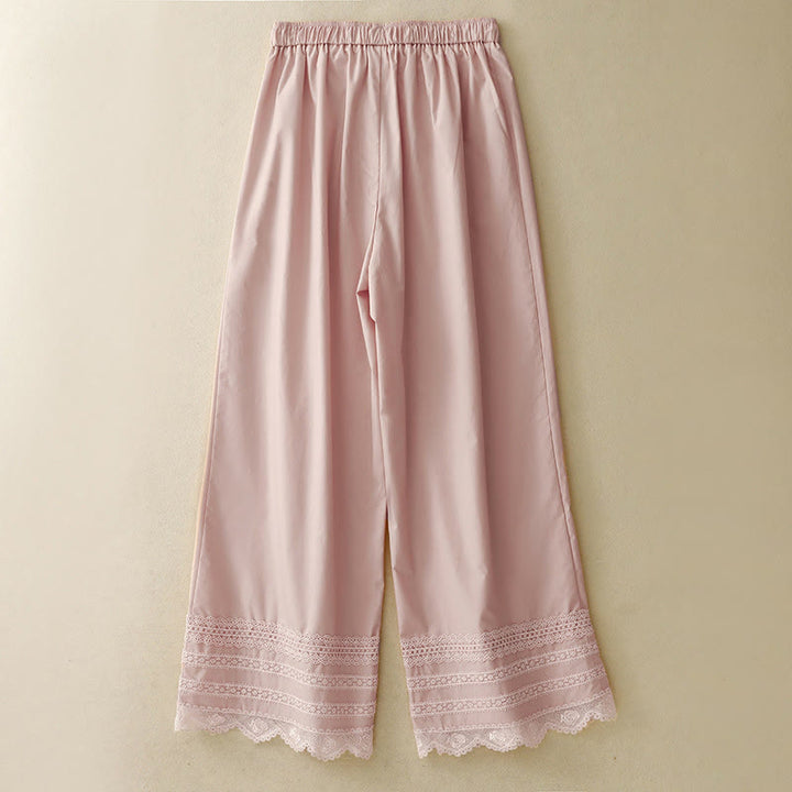 Spodnie damskie Buddha Stones Commute Plain Lace Patchwork Drawstring Design z szerokimi nogawkami i bawełnianymi kieszeniami do kostek - image 1