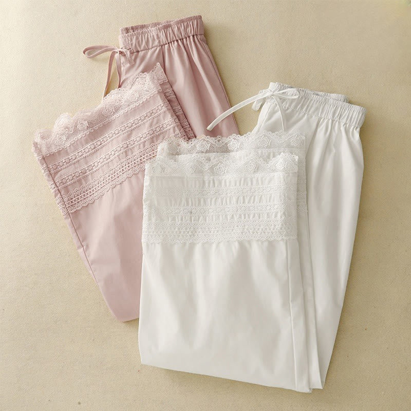 Spodnie damskie Buddha Stones Commute Plain Lace Patchwork Drawstring Design z szerokimi nogawkami i bawełnianymi kieszeniami do kostek