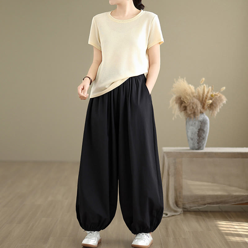 Spodnie damskie Buddha Stones Commute Summer Plain Cotton Bloomers z kieszeniami