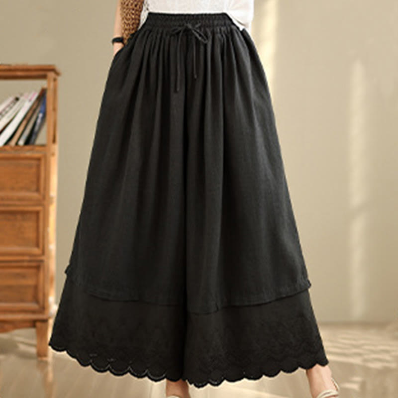 Buddha Stones Wiosna Haft Koronkowy Obszycie Patchwork Ściągacz Projekt Damskie Szerokie Nogawki Bawełniane Spodnie Z Kieszeniami - image 11