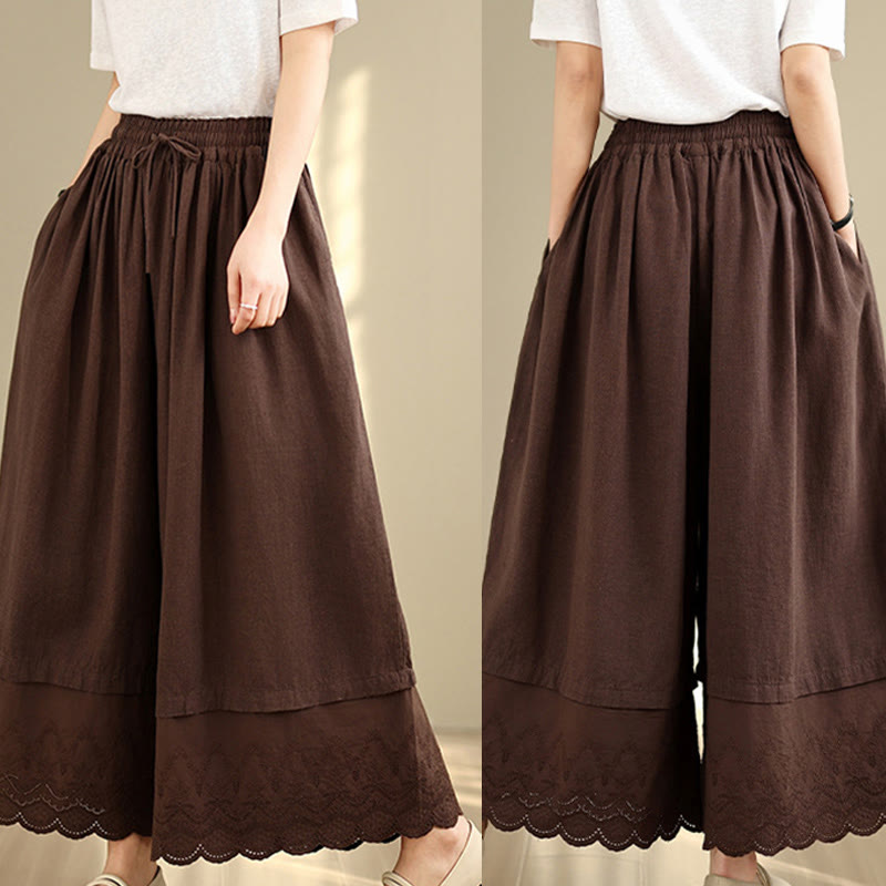 Buddha Stones Wiosna Haft Koronkowy Obszycie Patchwork Ściągacz Projekt Damskie Szerokie Nogawki Bawełniane Spodnie Z Kieszeniami - image 17