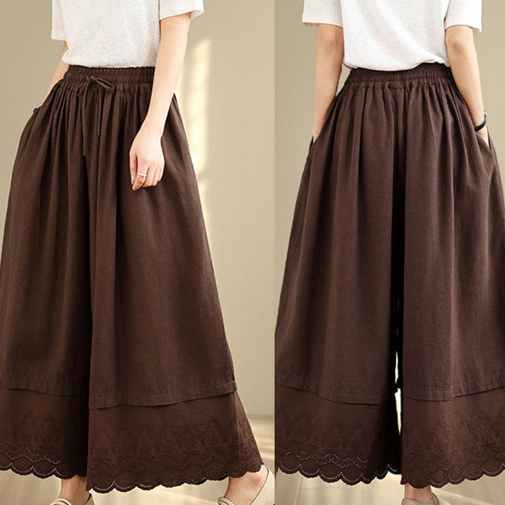 Buddha Stones Wiosna Haft Koronkowy Obszycie Patchwork Ściągacz Projekt Damskie Szerokie Nogawki Bawełniane Spodnie Z Kieszeniami - image 17