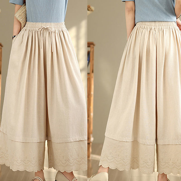 Buddha Stones Wiosna Haft Koronkowy Obszycie Patchwork Ściągacz Projekt Damskie Szerokie Nogawki Bawełniane Spodnie Z Kieszeniami - image 8