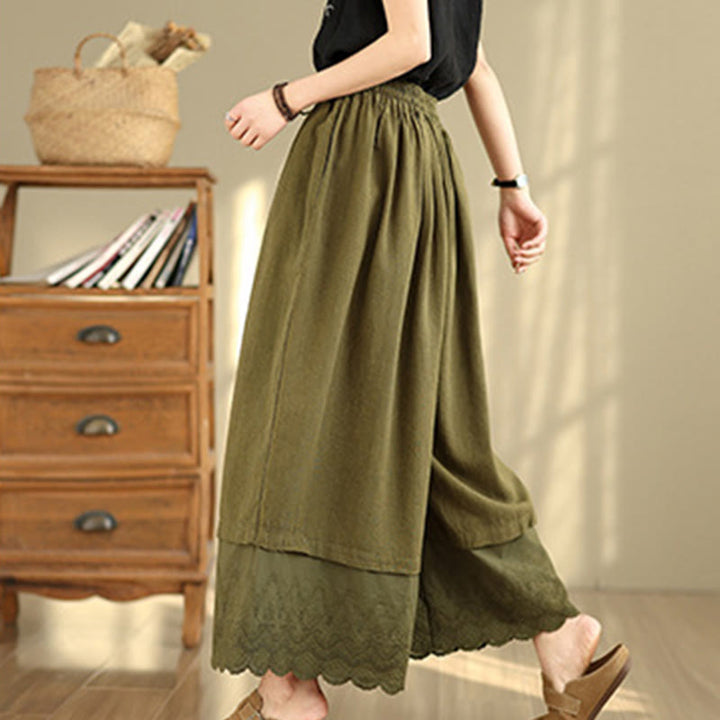 Buddha Stones Wiosna Haft Koronkowy Obszycie Patchwork Ściągacz Projekt Damskie Szerokie Nogawki Bawełniane Spodnie Z Kieszeniami - image 20