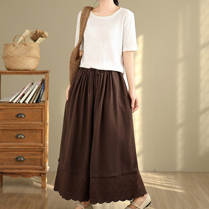 Buddha Stones Wiosna Haft Koronkowy Obszycie Patchwork Ściągacz Projekt Damskie Szerokie Nogawki Bawełniane Spodnie Z Kieszeniami - image 16