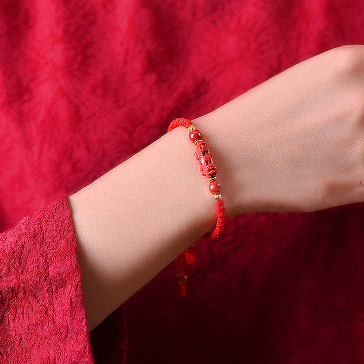 Buddha Stones Ręcznie robione PiXiu Cinnabar Ruyi Stick Wealth Luck Bransoletka pleciona