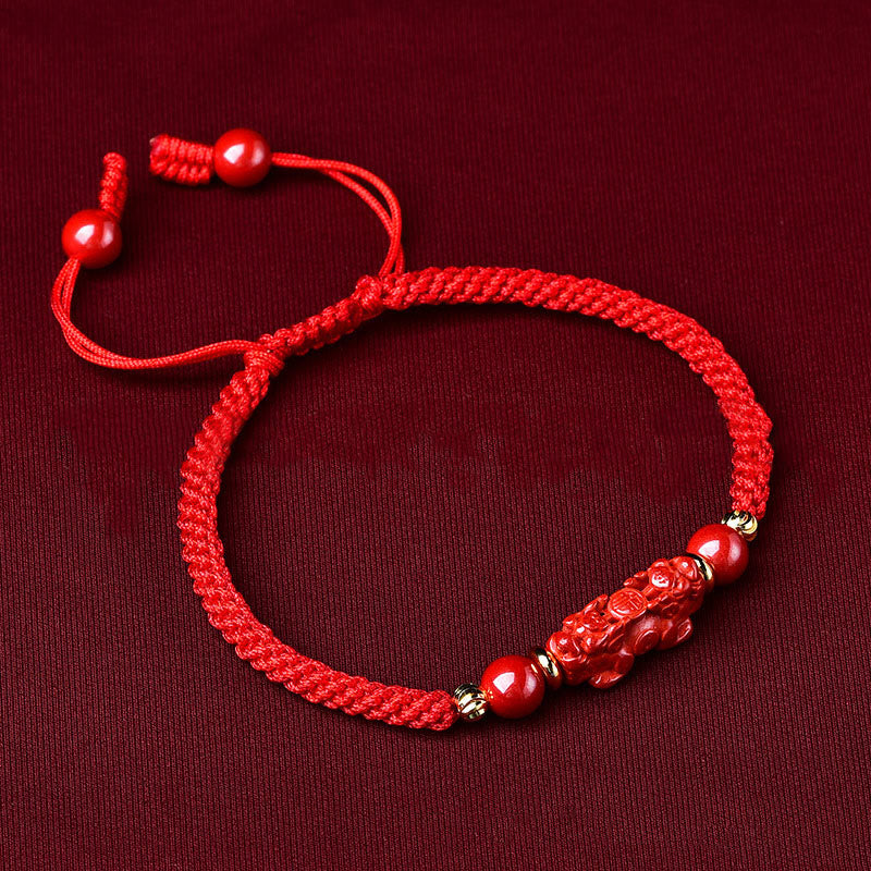 Buddha Stones Ręcznie robione PiXiu Cinnabar Ruyi Stick Wealth Luck Bransoletka pleciona