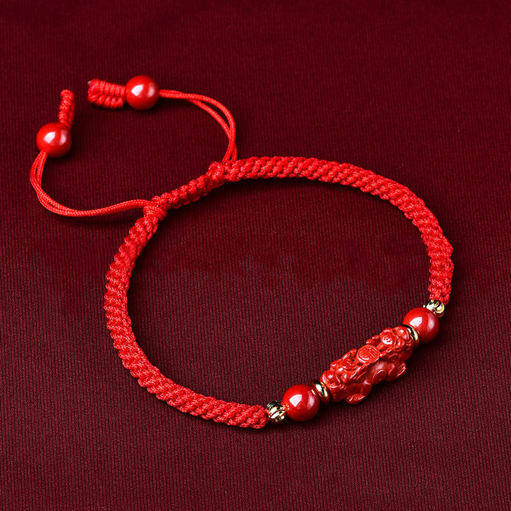 Buddha Stones Ręcznie robione PiXiu Cinnabar Ruyi Stick Wealth Luck Bransoletka pleciona