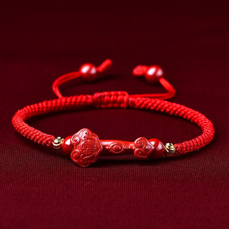 Buddha Stones Ręcznie robione PiXiu Cinnabar Ruyi Stick Wealth Luck Bransoletka pleciona