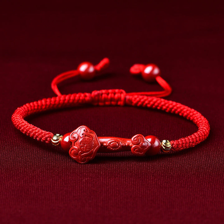 Buddha Stones Ręcznie robione PiXiu Cinnabar Ruyi Stick Wealth Luck Bransoletka pleciona