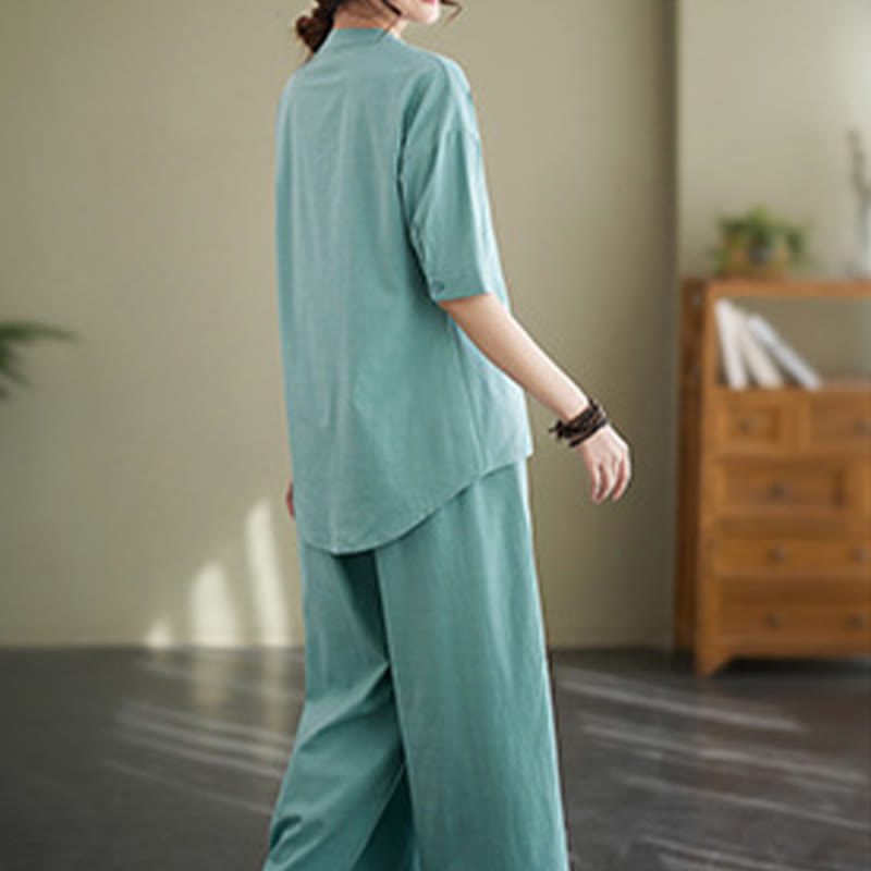 Buddha Stones 2 szt. Casual Jednokolorowe guziki Projekt Koszula z krótkim rękawem Spodnie z szerokimi nogawkami i kieszeniami Bawełniana odzież Zen Zestaw damski - image 11