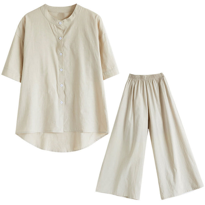 Buddha Stones 2 szt. Casual Jednokolorowe guziki Projekt Koszula z krótkim rękawem Spodnie z szerokimi nogawkami i kieszeniami Bawełniana odzież Zen Zestaw damski - image 30
