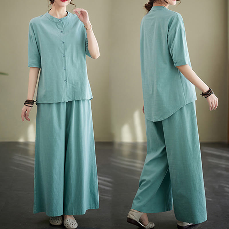 Buddha Stones 2 szt. Casual Jednokolorowe guziki Projekt Koszula z krótkim rękawem Spodnie z szerokimi nogawkami i kieszeniami Bawełniana odzież Zen Zestaw damski - image 13