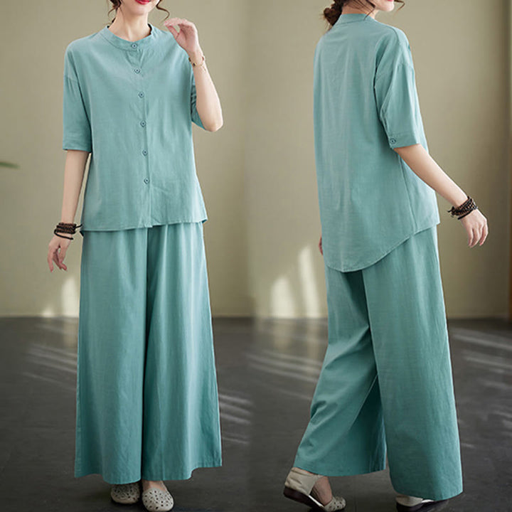 Buddha Stones 2 szt. Casual Jednokolorowe guziki Projekt Koszula z krótkim rękawem Spodnie z szerokimi nogawkami i kieszeniami Bawełniana odzież Zen Zestaw damski - image 13