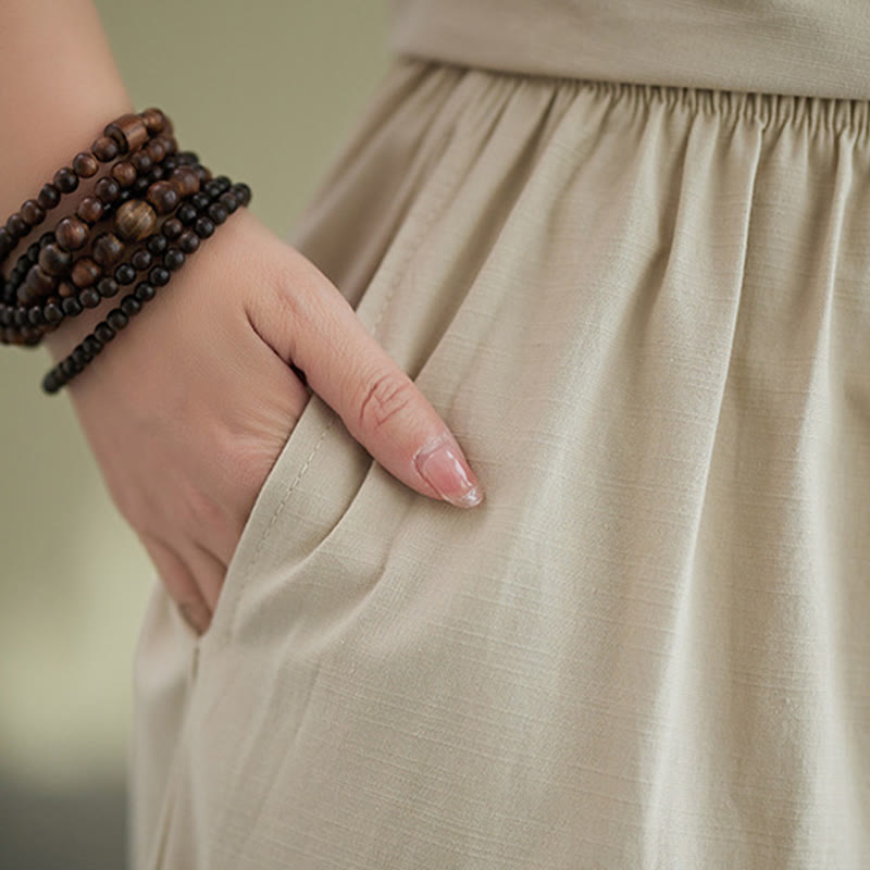 Buddha Stones 2 szt. Casual Jednokolorowe guziki Projekt Koszula z krótkim rękawem Spodnie z szerokimi nogawkami i kieszeniami Bawełniana odzież Zen Zestaw damski - image 27