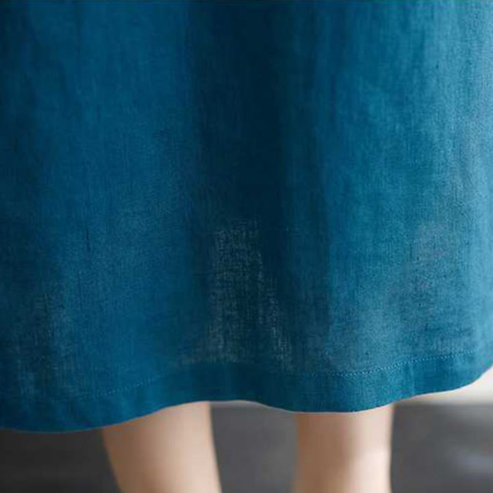 Sukienka midi z krótkim rękawem i kieszeniami, z kołnierzykiem w kształcie Buddha Stones , guzikami i lnianą podszewką - image 24