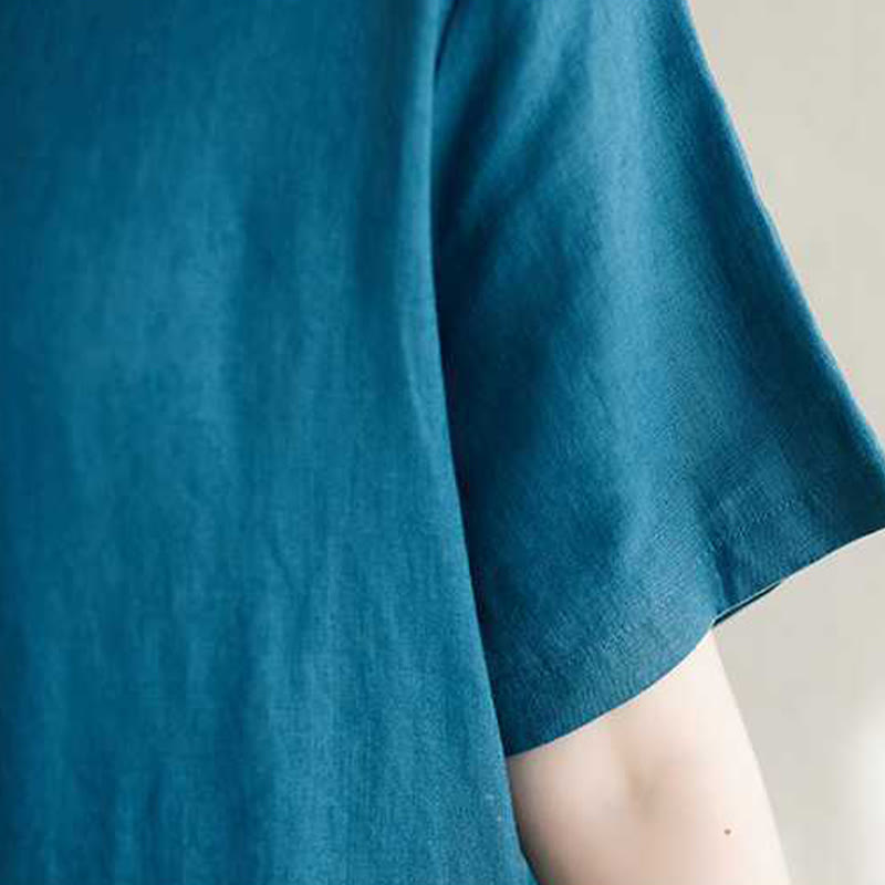 Sukienka midi z krótkim rękawem i kieszeniami, z kołnierzykiem w kształcie Buddha Stones , guzikami i lnianą podszewką - image 21