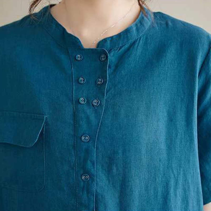 Sukienka midi z krótkim rękawem i kieszeniami, z kołnierzykiem w kształcie Buddha Stones , guzikami i lnianą podszewką - image 19