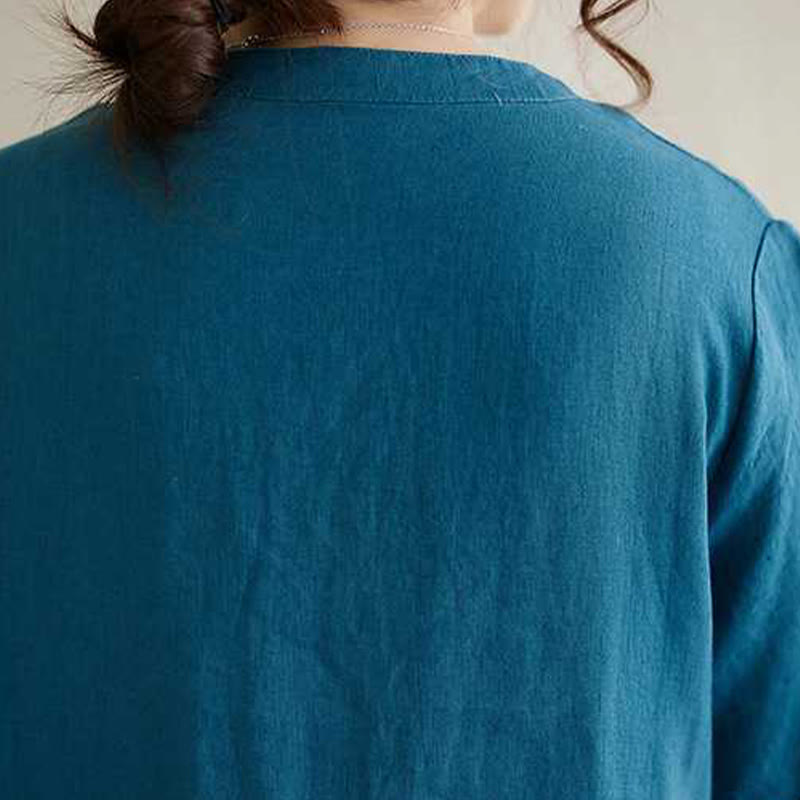 Sukienka midi z krótkim rękawem i kieszeniami, z kołnierzykiem w kształcie Buddha Stones , guzikami i lnianą podszewką - image 20