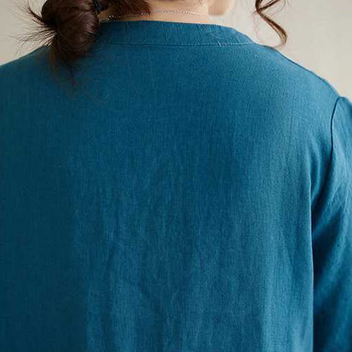 Sukienka midi z krótkim rękawem i kieszeniami, z kołnierzykiem w kształcie Buddha Stones , guzikami i lnianą podszewką - image 20