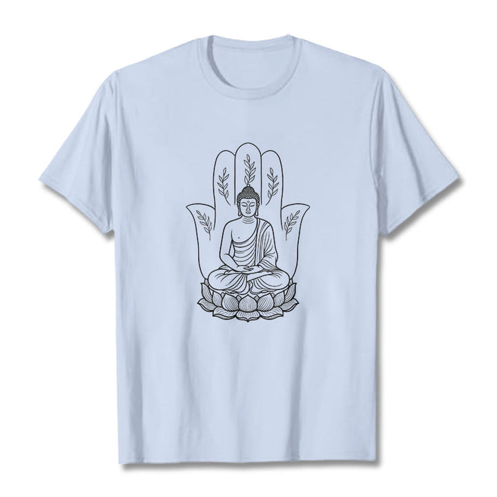 Buddha Stones Medytujący Budda Siedzący Ręka Liście Podstawa Lotosu Koszulka T-shirt - Jasnoniebieski - 2XL - image 19