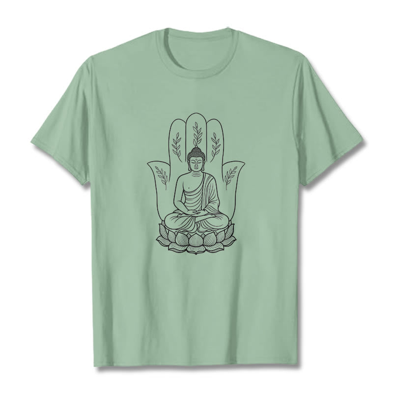 Buddha Stones Medytujący Budda Siedzący Ręka Liście Podstawa Lotosu Koszulka T-shirt - PaleGreen - 2XL - image 14