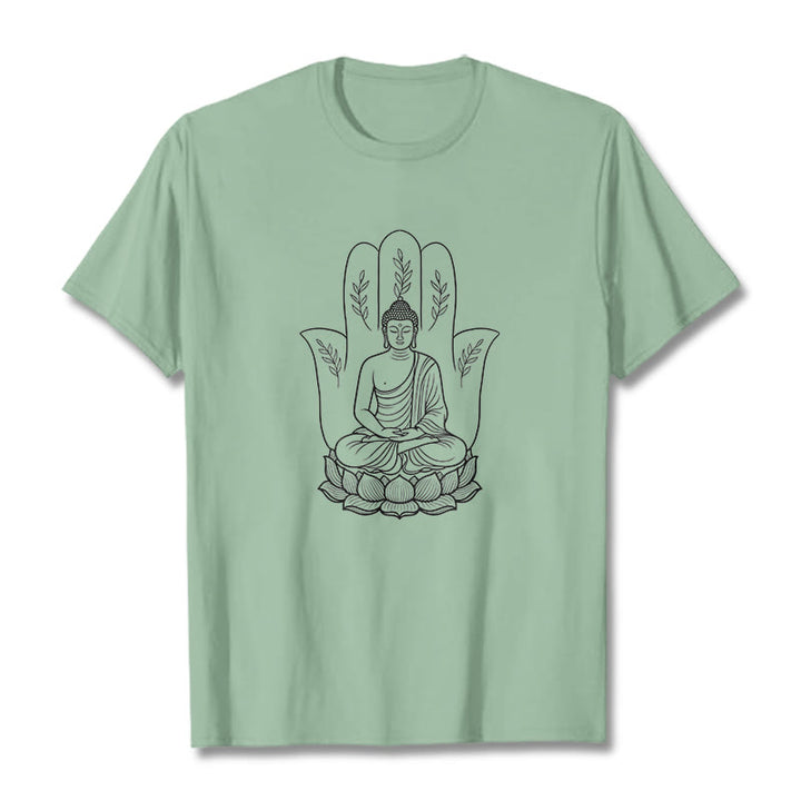 Buddha Stones Medytujący Budda Siedzący Ręka Liście Podstawa Lotosu Koszulka T-shirt - PaleGreen - 2XL - image 14