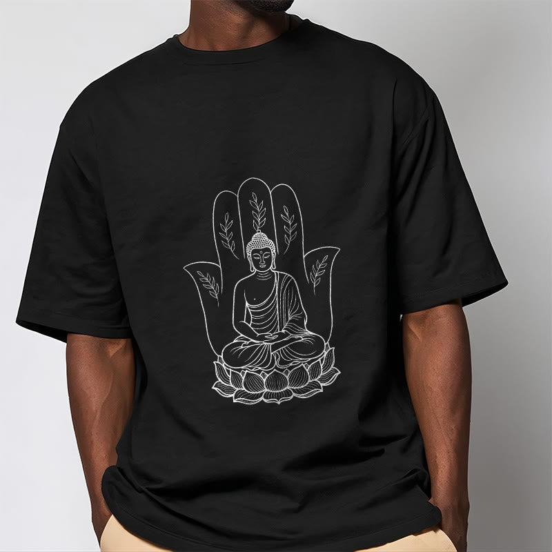 Buddha Stones Medytujący Budda Siedzący Ręka Liście Podstawa Lotosu Koszulka T-shirt - image 5