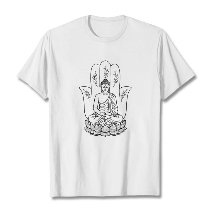 Buddha Stones Medytujący Budda Siedzący Ręka Liście Podstawa Lotosu Koszulka T-shirt - Biały - 2XL - image 1