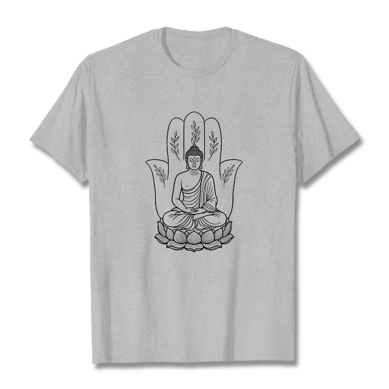 Buddha Stones Medytujący Budda Siedzący Ręka Liście Podstawa Lotosu Koszulka T-shirt - Jasnoszary - 2XL - image 20