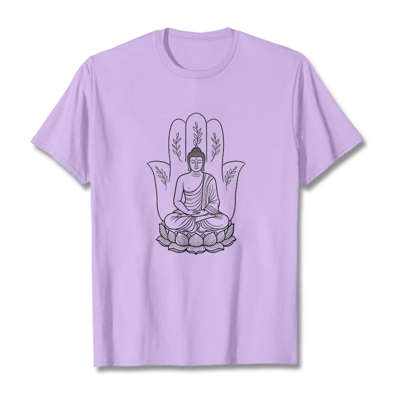 Buddha Stones Medytujący Budda Siedzący Ręka Liście Podstawa Lotosu Koszulka T-shirt - Śliwka - 2XL - image 17