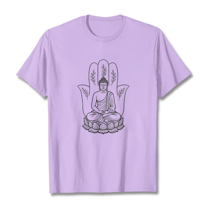 Buddha Stones Medytujący Budda Siedzący Ręka Liście Podstawa Lotosu Koszulka T-shirt - Śliwka - 2XL - image 17