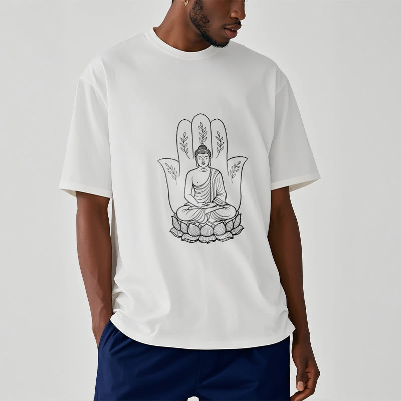Buddha Stones Medytujący Budda Siedzący Ręka Liście Podstawa Lotosu Koszulka T-shirt - image 1